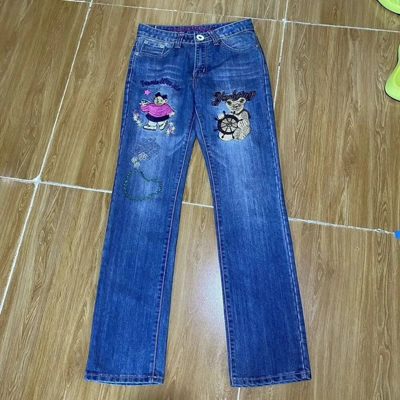Teenie Weenie Y2K Dark Washed Blue Straight Embroidered Mid Rise Pocket S Lady - Picture 1 of 5